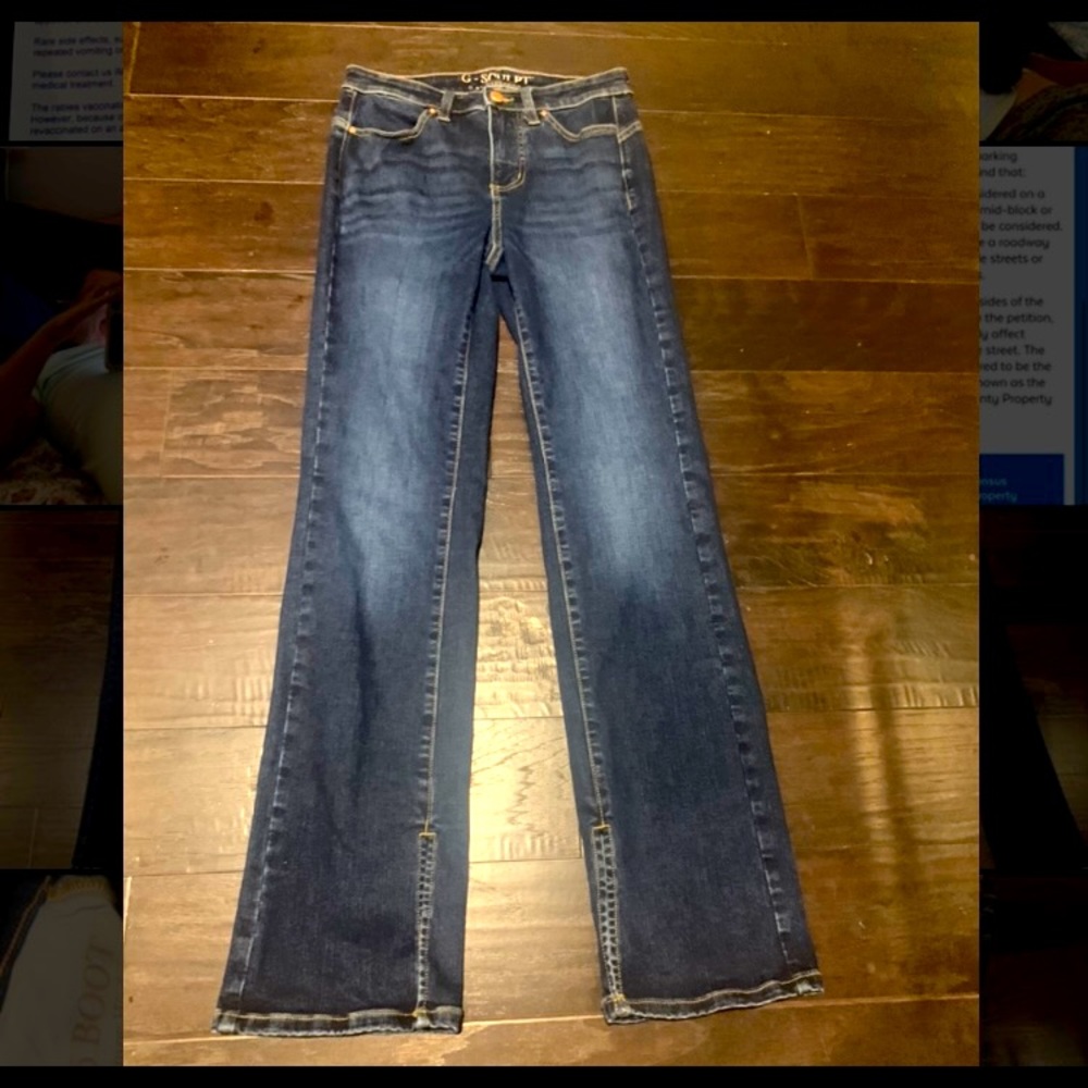 G by Giuliana Rancic boot cut jeans, dark jeans.